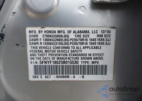 2005 Honda Pilot Ex-L from USA, damaged, VIN 5FNYF18625B015530